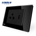 Livolo Vidro Temperado Branco / Painel de Vidro Preto EUA Soquete de Energia com Carregador USB VL-C9C1US1U-11/12